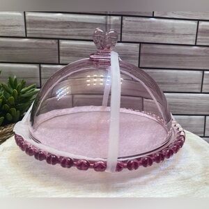 Glass Pink Cake Plate ❤️With Dome Cover/ Lid Heart shaped knob Decor New